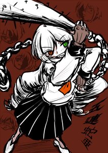 Rating: Safe Score: 0 Tags: 1girl broken_chain chain chained cuffs drill_hair green_eyes handcuffs heterochromia image long_hair monochrome red_eyes school_uniform serafuku shackles skirt solo suiseiseki teeth User: admin