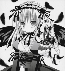 Rating: Safe Score: 0 Tags: 2girls angel_wings bird black_feathers black_wings blush dress feathered_wings feathers greyscale hairband image jewelry kakizaki_megu lace long_hair long_sleeves monochrome multiple_girls ribbon solo suigintou wings User: admin