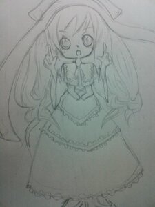 Rating: Safe Score: 0 Tags: 1girl apron finger_to_mouth full_body hairband image index_finger_raised long_hair looking_at_viewer monochrome simple_background solo standing suiseiseki traditional_media very_long_hair User: admin