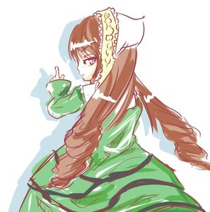 Rating: Safe Score: 0 Tags: 1girl brown_hair dress drill_hair frills green_dress image long_hair long_sleeves looking_at_viewer looking_back solo suiseiseki very_long_hair User: admin