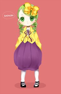 Rating: Safe Score: 0 Tags: 1girl bow drill_hair full_body green_eyes green_hair image kanaria long_sleeves red_background simple_background solo standing twin_drills User: admin