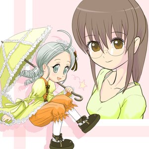 Rating: Safe Score: 0 Tags: 2girls ahoge brown_eyes brown_hair dress glasses holding_umbrella image kanaria kusabue_mitsu long_hair long_sleeves multiple_girls parasol shoes silver_hair smile solo star_(symbol) striped umbrella User: admin