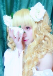 Rating: Safe Score: 0 Tags: 1girl blonde_hair eyelashes flower kirakishou lips long_hair looking_at_viewer nose realistic solo striped vertical_stripes User: admin