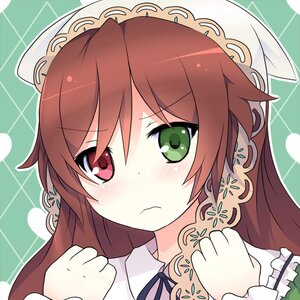 Rating: Safe Score: 0 Tags: 1girl :< argyle argyle_background blush brown_hair checkered_background dress green_eyes hat honeycomb_(pattern) honeycomb_background image long_hair plaid_background red_eyes solo suiseiseki tiles User: admin