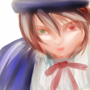 Rating: Safe Score: 0 Tags: 1girl bangs blue_headwear green_eyes hair_between_eyes hat image looking_at_viewer neck_ribbon pinstripe_pattern red_ribbon ribbon simple_background solo souseiseki striped vertical_stripes white_background User: admin