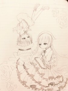 Rating: Safe Score: 0 Tags: 2girls auto_tagged dress frills hat image long_hair long_sleeves monochrome multiple_girls pair shoes short_hair siblings sisters smile souseiseki suiseiseki top_hat User: admin