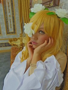 Rating: Safe Score: 0 Tags: 1girl blonde_hair blue_eyes dress flower hair_bow hand_on_own_cheek indoors kirakishou lips long_hair looking_at_viewer realistic solo upper_body white_dress white_flower User: admin