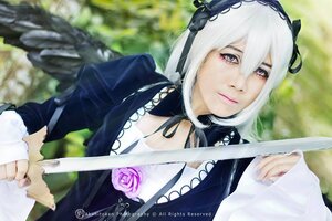 Rating: Safe Score: 0 Tags: 1girl black_dress blurry closed_mouth depth_of_field dress flower long_sleeves looking_at_viewer rose solo suigintou sword upper_body watermark web_address white_hair User: admin