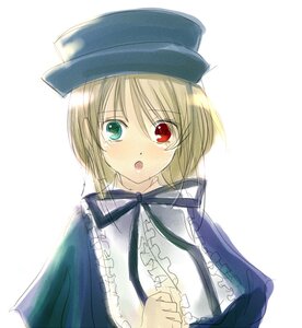 Rating: Safe Score: 0 Tags: 1girl :o blonde_hair blush crying dress eyebrows_visible_through_hair frills hat heterochromia image long_sleeves looking_at_viewer open_mouth red_eyes simple_background solo souseiseki striped striped_background tears upper_body white_background User: admin