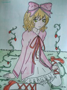 Rating: Safe Score: 0 Tags: 1girl blonde_hair bow dress flower frills green_eyes hair_bow hina_ichigo hinaichigo image leaf looking_at_viewer pink_bow plant ribbon short_hair sitting solo traditional_media underwear vines wariza User: admin