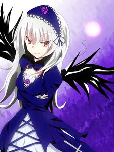 Rating: Safe Score: 3 Tags: 1girl black_wings crossed_arms dress flower frills hairband image juliet_sleeves long_hair long_sleeves looking_at_viewer puffy_sleeves purple_background purple_flower red_eyes silver_hair smile solo suigintou wings User: admin