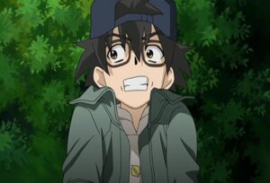 Rating: Safe Score: 0 Tags: 1girl baseball_cap black_hair brown_eyes clenched_teeth glasses hat human jacket open_clothes open_jacket outdoors sakurada_jun screenshot solo teeth tree upper_body User: admin