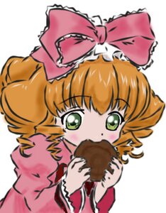 Rating: Safe Score: 0 Tags: 1girl blurry blurry_foreground bow depth_of_field dress drill_hair eating food green_eyes hina_ichigo hinaichigo holding_food image long_sleeves orange_hair pink_bow simple_background solo upper_body white_background User: admin