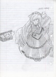 Rating: Safe Score: 0 Tags: 1girl auto_tagged blush braid dress frills greyscale image long_hair monochrome pillow solo suiseiseki traditional_media very_long_hair User: admin