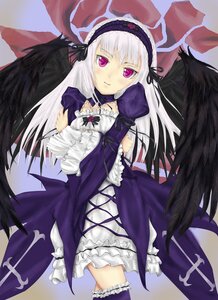 Rating: Safe Score: 0 Tags: 1girl black_wings dress feathers frills hairband image leg_garter lolita_hairband long_hair long_sleeves looking_at_viewer pink_eyes ribbon silver_hair solo suigintou wings User: admin