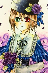 Rating: Safe Score: 0 Tags: 1girl blonde_hair blue_flower blue_rose bouquet dress flower green_eyes hat hat_flower heterochromia image looking_at_viewer petals pink_rose purple_flower purple_rose red_eyes ribbon rose rose_petals short_hair smile solo souseiseki traditional_media yellow_rose User: admin
