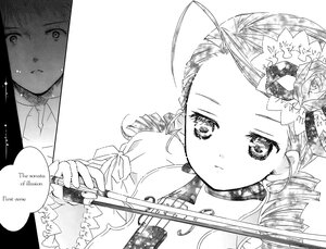 Rating: Safe Score: 0 Tags: 1girl antenna_hair blush closed_mouth drill_hair greyscale holding image kanaria long_hair long_sleeves monochrome ringlets solo twin_drills User: admin
