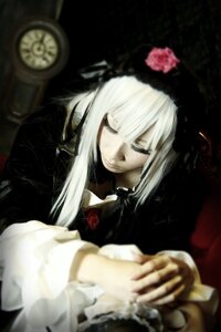 Rating: Safe Score: 0 Tags: 1girl bangs blurry blurry_background blurry_foreground clock closed_eyes closed_mouth depth_of_field dress flower long_hair long_sleeves red_flower rose solo suigintou white_hair User: admin