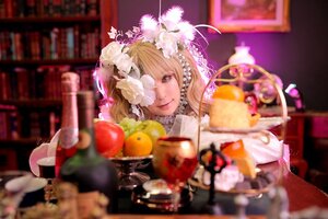 Rating: Safe Score: 0 Tags: 1girl apple blonde_hair blurry blurry_background blurry_foreground brown_eyes cherry depth_of_field flower food fruit hair_flower hair_ornament indoors kirakishou solo upper_body User: admin