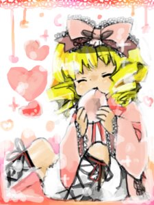 Rating: Safe Score: 0 Tags: 1girl blonde_hair blush bow closed_eyes dress food hair_bow heart hina_ichigo hinaichigo image pink_bow solo User: admin