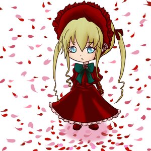 Rating: Safe Score: 0 Tags: 1girl blonde_hair blue_eyes bonnet bow bowtie cherry_blossoms dress falling_petals flower green_neckwear image long_hair petals red_dress rose_petals shinku solo twintails User: admin