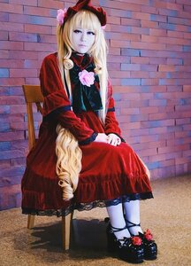 Rating: Safe Score: 0 Tags: 1girl bangs blonde_hair blue_eyes dress flower hat long_hair pantyhose red_dress red_flower rose shinku sitting solo stairs standing white_legwear User: admin
