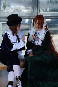 Rating: Safe Score: 0 Tags: 2girls brown_hair dress hat long_hair long_sleeves multiple_cosplay multiple_girls sisters sitting souseiseki tagme twins white_legwear User: admin