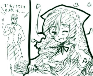 Rating: Safe Score: 0 Tags: 1boy 1girl ;d blush greyscale image long_sleeves looking_at_viewer monochrome musical_note one_eye_closed open_mouth smile solo suiseiseki User: admin