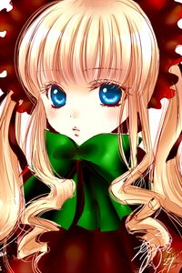 Rating: Safe Score: 0 Tags: 1girl bangs blonde_hair blue_eyes blush bow bowtie dress face green_bow green_neckwear image long_hair looking_at_viewer shinku sidelocks signature simple_background solo User: admin