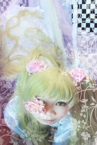 Rating: Safe Score: 0 Tags: 1girl argyle blonde_hair checkered checkered_background checkered_floor face flower hair_ornament kirakishou smile solo User: admin