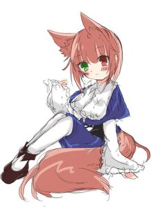 Rating: Safe Score: 0 Tags: 1girl animal_ears blush dress fox_ears green_eyes heterochromia image long_sleeves looking_at_viewer pantyhose red_eyes short_hair sitting sketch solo souseiseki striped tail white_legwear User: admin
