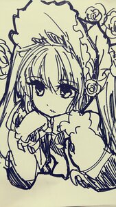 Rating: Safe Score: 0 Tags: 1girl bangs eyebrows_visible_through_hair flower fur_trim hair_ornament image long_hair looking_at_viewer monochrome shinku solo traditional_media umbrella upper_body User: admin