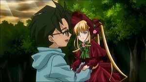 Rating: Safe Score: 0 Tags: 1boy 1girl black_hair blonde_hair bonnet bow dress flower green_eyes hood image long_hair long_sleeves nature red_dress rose shinku solo spiked_hair tree User: admin