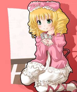 Rating: Safe Score: 0 Tags: 1girl blonde_hair bloomers blush bow dress drill_hair frills green_eyes hair_bow hina_ichigo hinaichigo image long_sleeves looking_at_viewer pantyhose pink_bow sitting smile solo underwear white_legwear User: admin