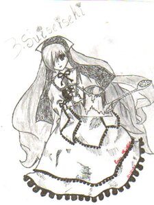Rating: Safe Score: 0 Tags: 1girl dress frills hair_over_one_eye image long_hair long_sleeves looking_at_viewer monochrome simple_background solo suiseiseki very_long_hair white_background User: admin