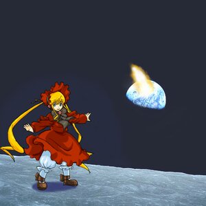 Rating: Safe Score: 0 Tags: 1girl blonde_hair bloomers bonnet bow dress frills full_body green_eyes image long_sleeves red_dress shinku shoes solo standing water User: admin