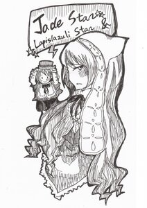 Rating: Safe Score: 0 Tags: 2girls blush dress frills greyscale hat image long_hair long_sleeves monochrome multiple_girls pair ribbon siblings sisters smile souseiseki suiseiseki very_long_hair User: admin