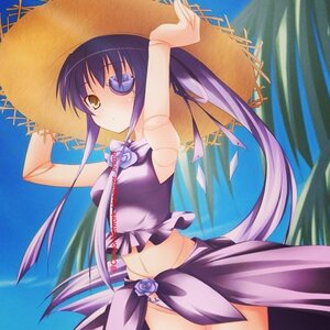 Rating: Safe Score: 0 Tags: 1girl barasuishou blue_hair day hair_ribbon hat image long_hair midriff purple_hair ribbon sarong solo straw_hat yellow_eyes User: admin