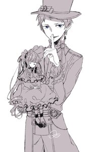 Rating: Safe Score: 0 Tags: 1boy 1girl bow closed_eyes dress finger_to_mouth frills hat image long_hair monochrome shinku shushing smile solo striped top_hat User: admin
