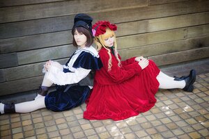 Rating: Safe Score: 0 Tags: 2girls blonde_hair brown_hair closed_eyes dress floor hat long_hair long_sleeves multiple_cosplay multiple_girls pantyhose red_dress shoes short_hair siblings sisters sitting tagme tile_floor tiles white_legwear User: admin