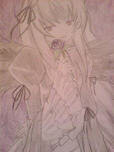 Rating: Safe Score: 0 Tags: 1girl dress flower frills hairband image long_hair long_sleeves looking_at_viewer monochrome ribbon rose shinku solo suigintou traditional_media very_long_hair User: admin