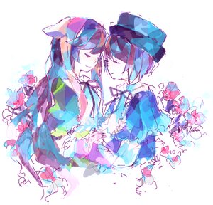 Rating: Safe Score: 0 Tags: 2girls blue_hair bow closed_eyes dress flower hat image long_hair multiple_girls pair ribbon short_hair smile souseiseki suiseiseki User: admin