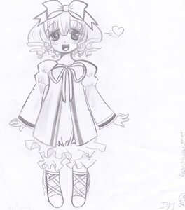 Rating: Safe Score: 0 Tags: 1girl :d blush bow curly_hair dress drill_hair full_body hair_bow heart hina_ichigo hinaichigo image long_sleeves monochrome open_mouth short_hair smile solo standing User: admin