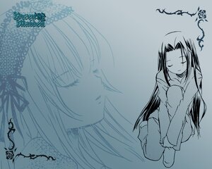 Rating: Safe Score: 0 Tags: 1girl closed_eyes image long_hair monochrome pajamas sitting smile solo suigintou very_long_hair User: admin