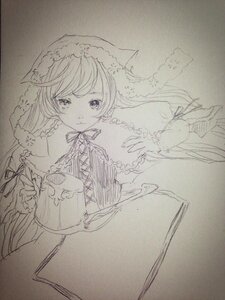 Rating: Safe Score: 0 Tags: 1girl animal_ears braid cat_ears closed_mouth eyebrows_visible_through_hair frills greyscale image long_hair long_sleeves looking_at_viewer monochrome photo smile solo suiseiseki tail traditional_media User: admin