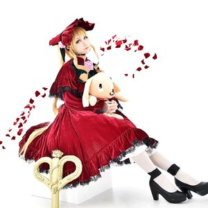 Rating: Safe Score: 0 Tags: 1girl blonde_hair blue_eyes bonnet bow dress flower heart high_heels petals red_dress rose shinku solo stuffed_animal User: admin