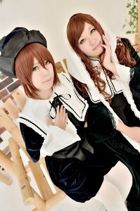 Rating: Safe Score: 0 Tags: 2girls bangs black_dress brown_hair dress green_eyes hat lace long_hair long_sleeves looking_at_viewer multiple_cosplay multiple_girls necklace siblings sisters smile tagme twins User: admin