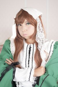 Rating: Safe Score: 0 Tags: 1girl bangs brown_hair dress green_dress green_eyes holding lace lips long_hair long_sleeves solo suiseiseki underwear User: admin