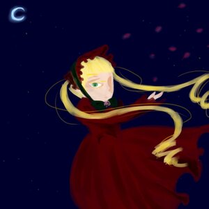 Rating: Safe Score: 0 Tags: 1girl auto_tagged blonde_hair bow crescent_moon dress flower green_eyes image long_hair long_sleeves moon night night_sky petals rose shinku sky solo star_(sky) starry_sky User: admin