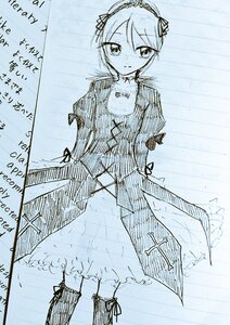 Rating: Safe Score: 0 Tags: 1girl blush boots closed_mouth dress hair_ornament image juliet_sleeves long_sleeves looking_at_viewer monochrome necklace puffy_sleeves rain ribbon short_hair sketch solo standing suigintou wet User: admin